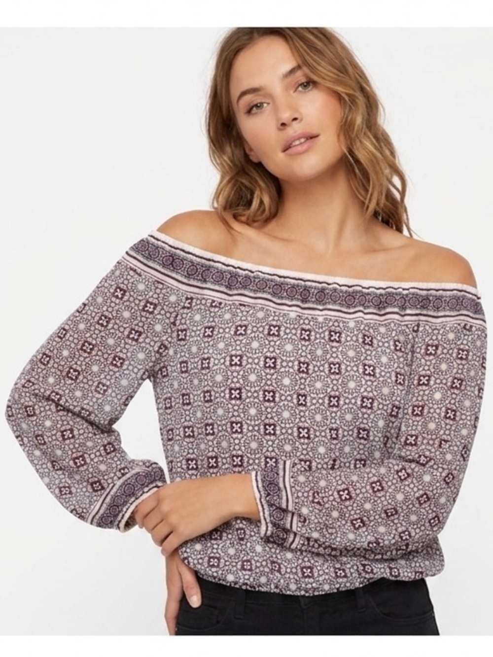 NEW Max Studio Off Shoulder Peasant Blouse top Long Sleeves Beige Purple XSMALL
